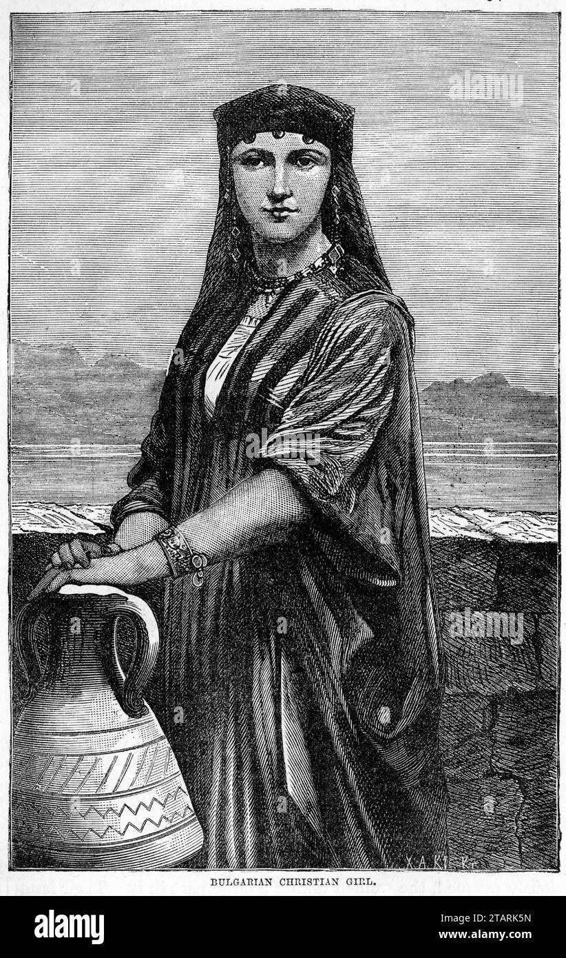 Graviertes Porträt eines bulgarischen christlichen Mädchens in traditioneller Tracht. Veröffentlicht um 1887 Stockfoto
