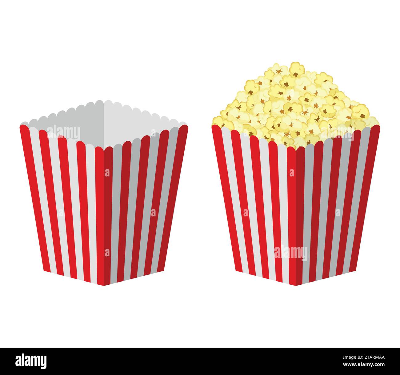 Weiß-rot gestreifte Papier Popcorn Tasche isoliert auf weißem Hintergrund. Klassisches Kino voller und leerer Popcorn-Box. Food Kino Film Film Vektor Stock Vektor