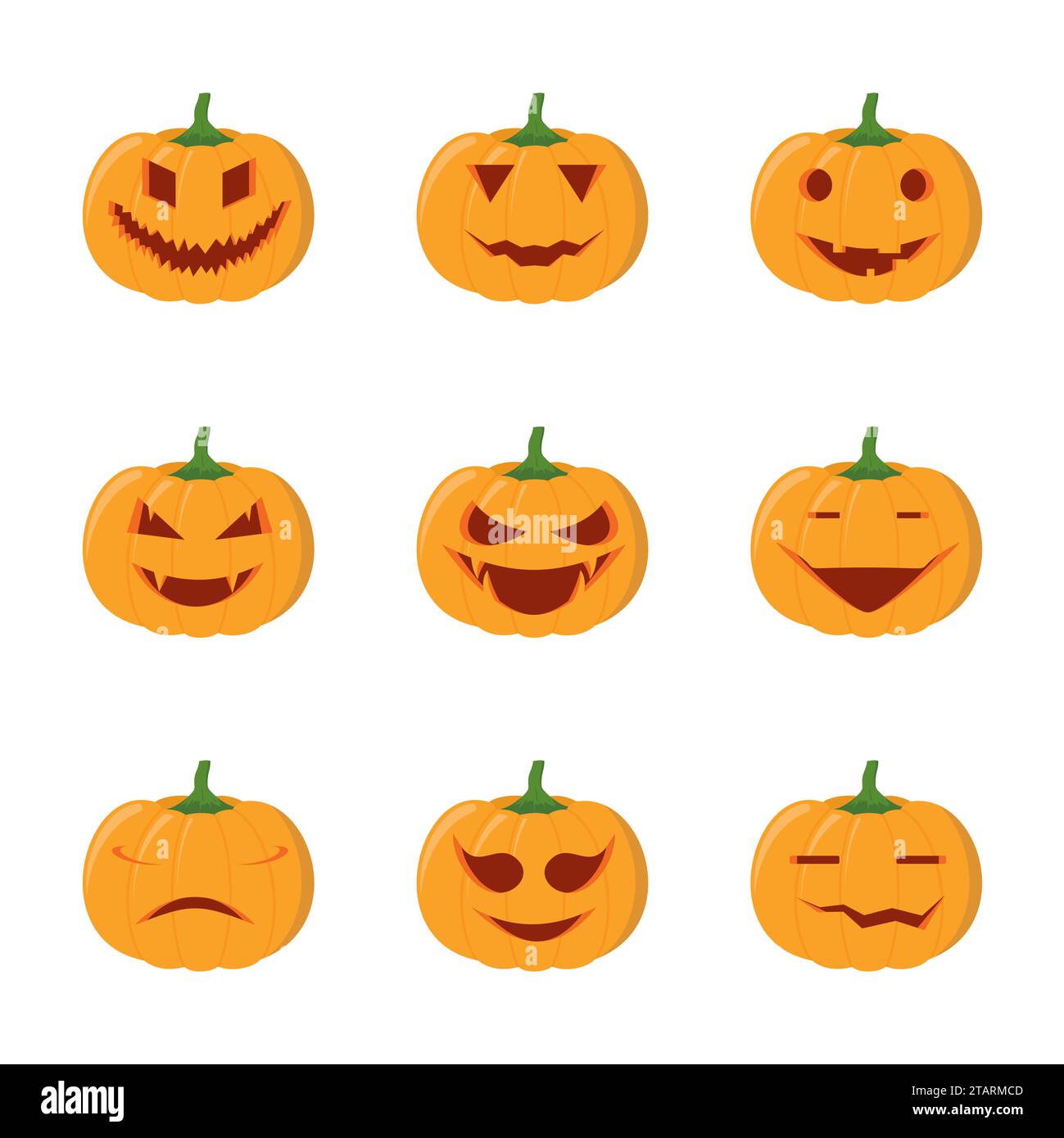 Set von halloween Kürbisköpfen isoliert auf weißem Hintergrund. Kürbiskopf-Vektorsymbole in flachem Stil. Gruselige Halloween-Cartoon-Kürbisse. Stock Vektor