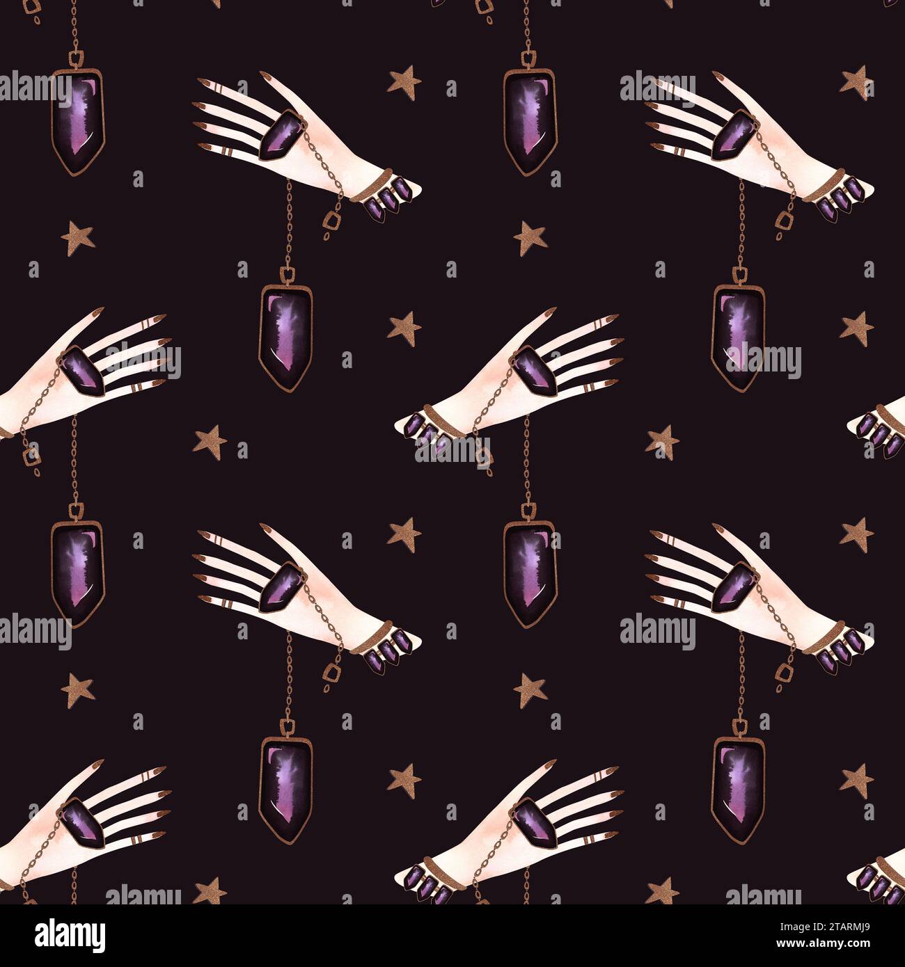 Magisches nahtloses Muster. Frauenhand mit einem Kristall an einer Kette und goldenen Sternen. Ritual zur Vorhersage der Zukunft. Lithomancy. Mystische Wahrsagung. Stockfoto
