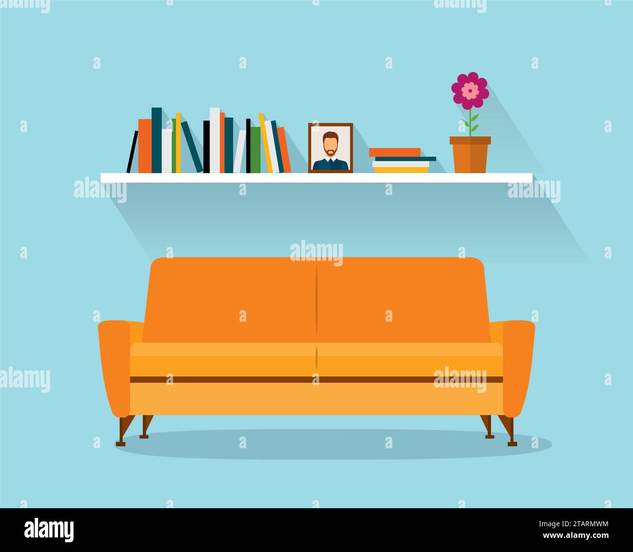 Sofa und FhelfSofa und Fhelf mit bunten Büchern. Flacher Retro-Style. Modernes, orangefarbenes Sofa und Bücherregale Stock Vektor