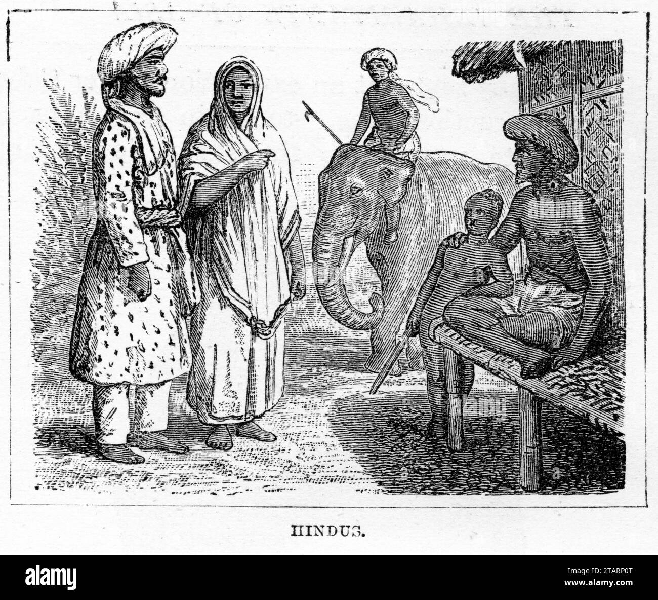 Graviertes Porträt einer Gruppe von Hindus in traditionellen Trachten. Veröffentlicht um 1887 Stockfoto