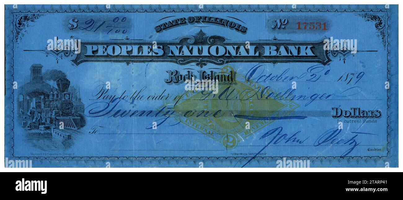 Ein Scheck aus dem Jahr 1879, ausgestellt von John Deetz über 21 US-Dollar, der von der People's National Bank im US-Bundesstaat Illinois ausgezahlt wird Stockfoto