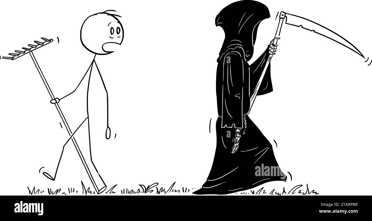 Grim Reaper oder Tod mit Scythe, Vektor Cartoon Stick Abbildung Illustration Stock Vektor