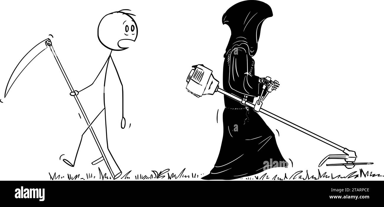 Grim Reaper oder Tod mit Gras oder Pinsel Cutter, Vektor Cartoon Stick Abbildung Illustration Stock Vektor