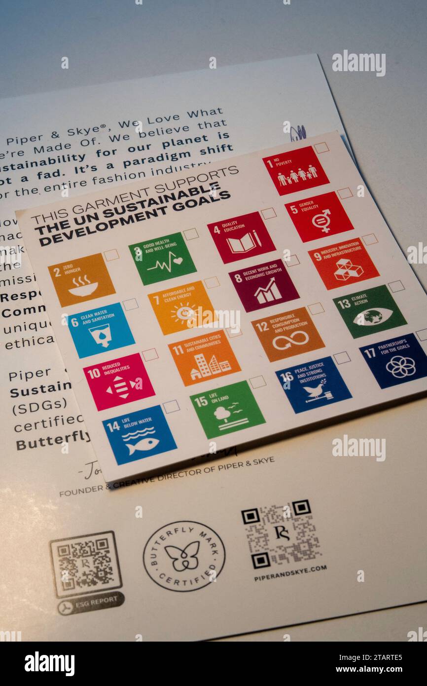 Nahaufnahme einer Karte, die die Symbole der UN-Ziele für nachhaltige Entwicklung auflistet, 2023, Vereinigte Staaten Stockfoto