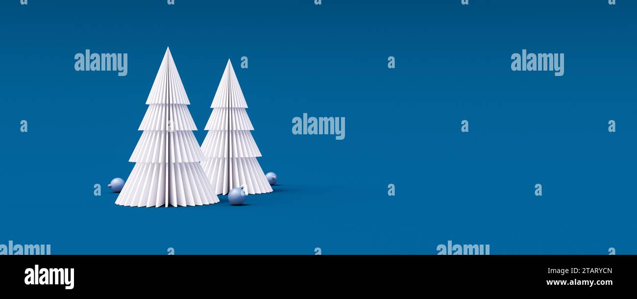 Weißer Weihnachtsbaum mit Dekorationskugeln auf blauem Hintergrund 3D-Darstellung 3D-Illustration Stockfoto