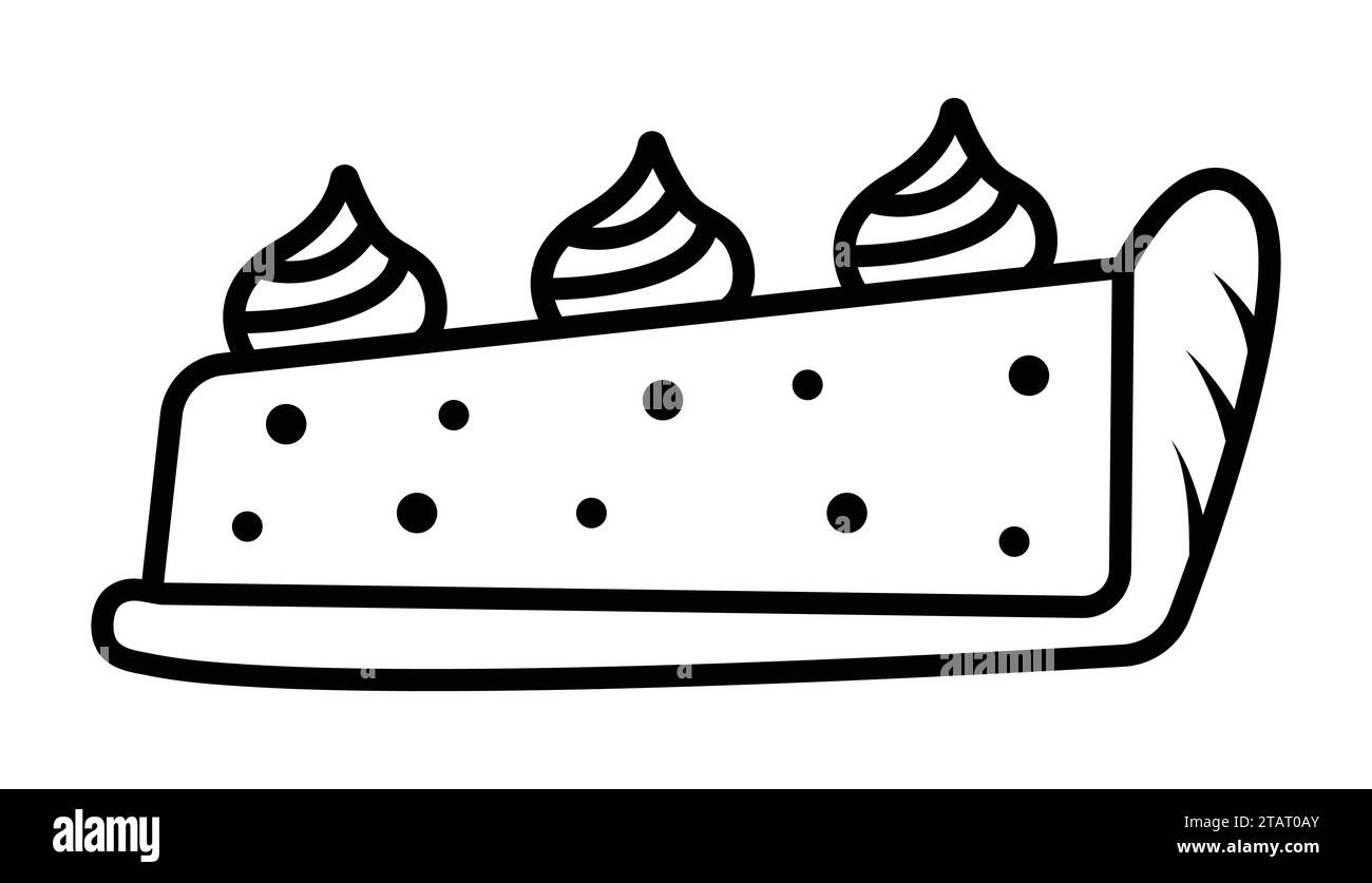 Schwarze Linie Stück cremiger Kuchen, Kekskuchenscheibe mit Seiten und Sahne, Vektor-Doodle Stock Vektor