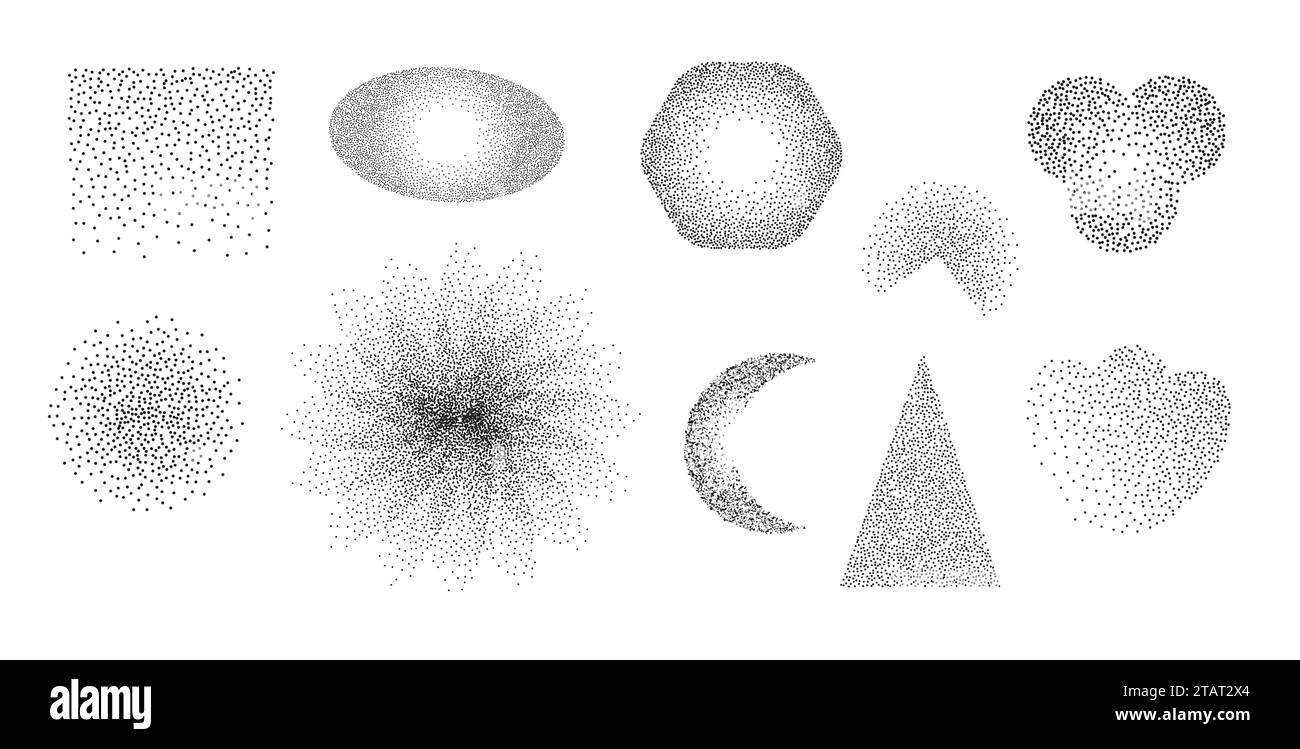 Geometrische Formen Set Sandeffekt Stipple strukturierte Formen Vektor-Illustration, runde Konfetti Punkte Grunge Muster. Abstrakte Ornament festliche Vorlage Co Stock Vektor