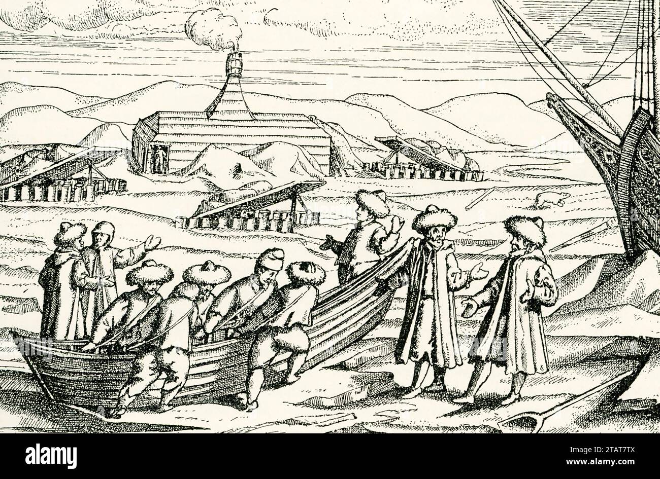 Dieses Bild stammt von den „drei Reisen von William Barents in die arktischen Regionen“. Der niederländische Seefahrer und Entdecker Willem Barents machte über 200 Jahre nach der Veranstaltung. Barents unternahm 1594, 1595 und 1596-97 drei Reisen auf der Suche nach der Nordostpassage nach Asien. Auf den ersten beiden Expeditionen erreichte er Nowaja Semlja (Barents auf diesem Foto), eine Inselgruppe im Norden Russlands. Stockfoto