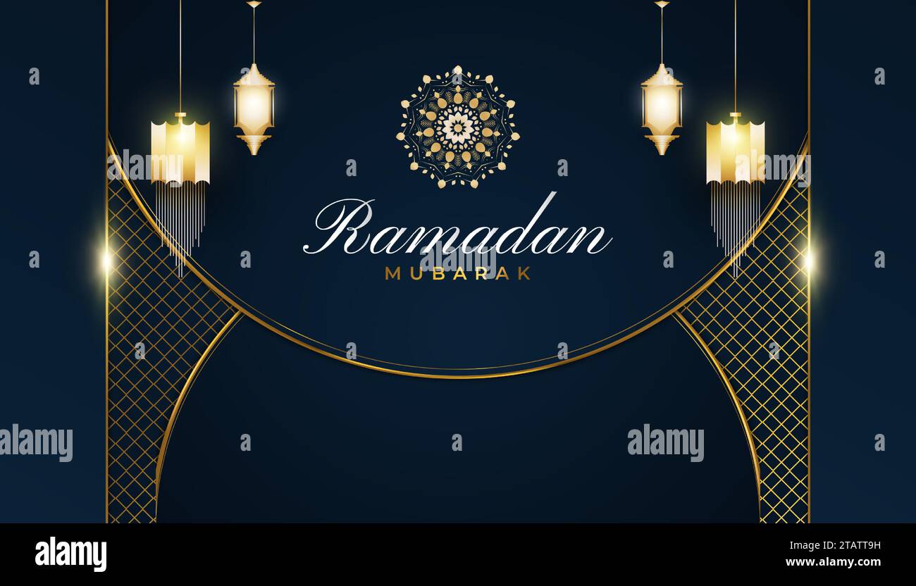 Luxuriöser Ramadan Kareem Hintergrund mit goldenen arabischen Laternen und Mandala auf blauem und goldenem Papierhintergrund Stock Vektor