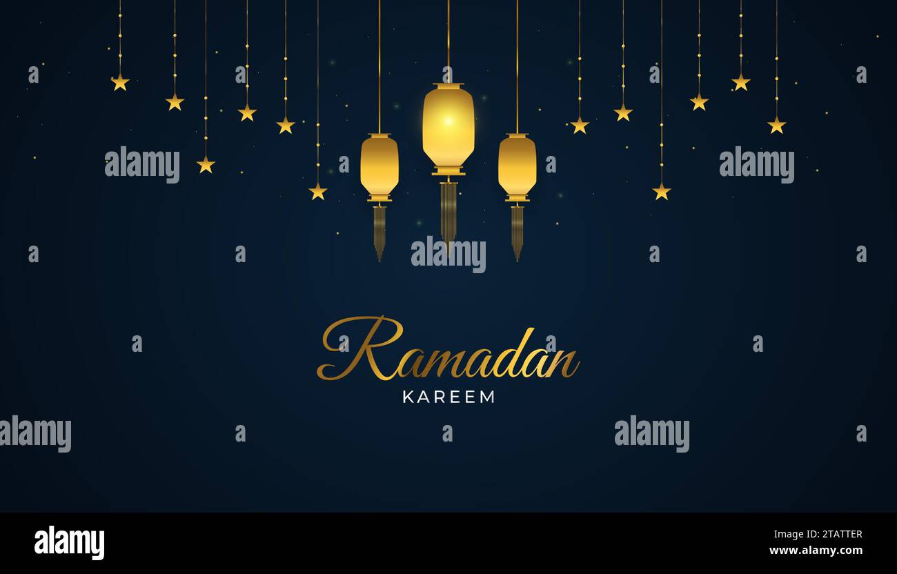 Ramadan Kareem Banner oder Grußkarte mit goldenen arabischen Laternen und hängenden Sternen auf dunklem Hintergrund. Islamischer Hintergrund mit luxuriöser Dekoration Stock Vektor
