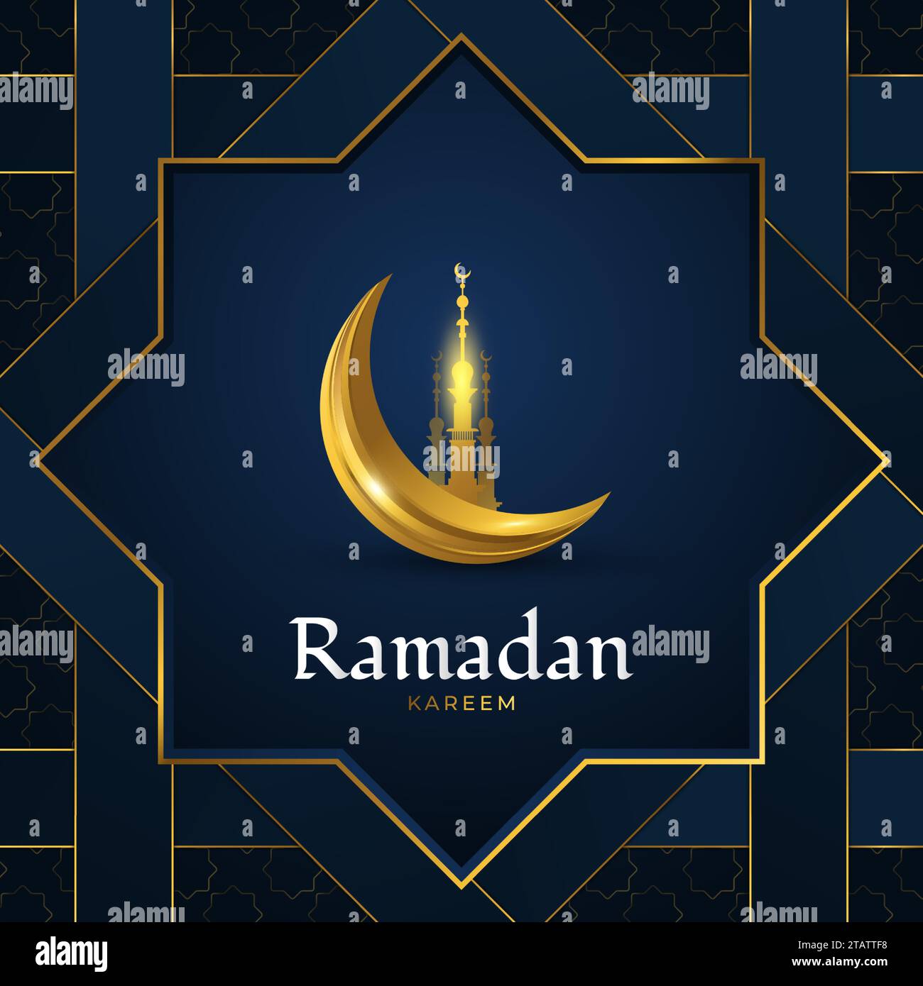 Ramadan Kareem Grußkarte mit goldener Moschee und Mondsichel auf blauem Papier geschnittenem Hintergrund. Islamischer Hintergrund mit luxuriösen Dekorationen Stock Vektor