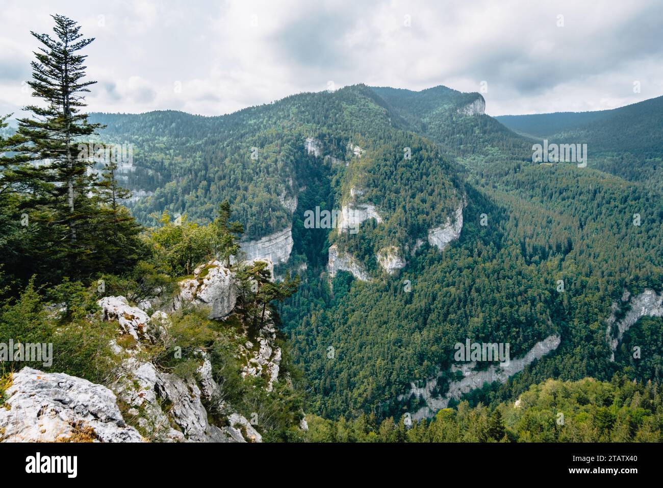 Blick auf die Alpen und die Berge des Vercors vom Wanderweg der Bourne Schlucht in den französischen Alpen (Isere) Stockfoto