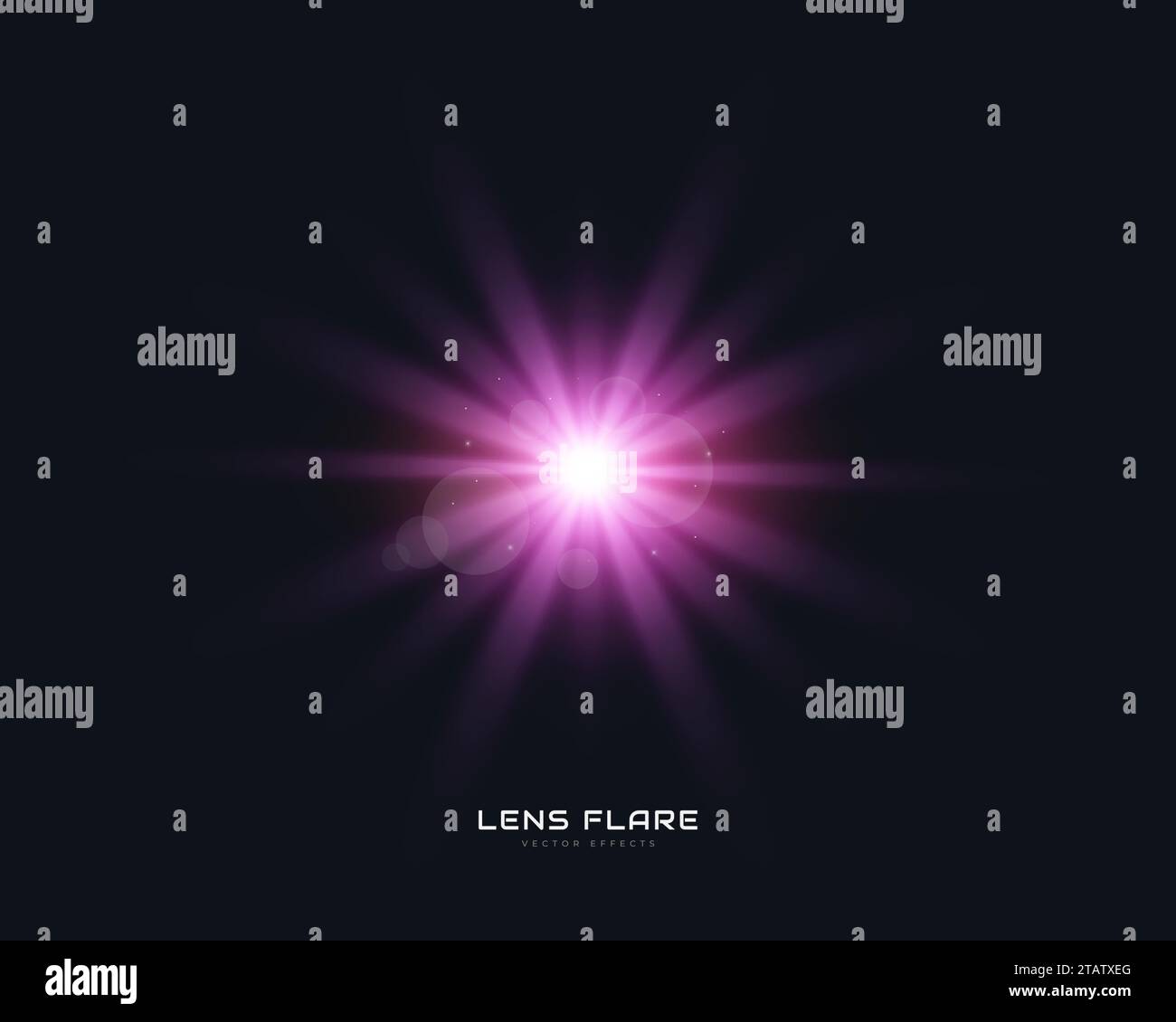 Violette Linse, Lichteffekt. Vektor transparentes Sonnenlicht Lichteffekt. Leuchtende Strahlen und Strahleffekt Stock Vektor