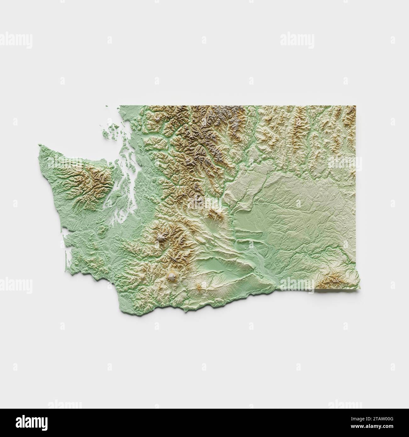 Topographische Relief-Karte des Bundesstaates Washington – 3D-Rendering Stockfoto