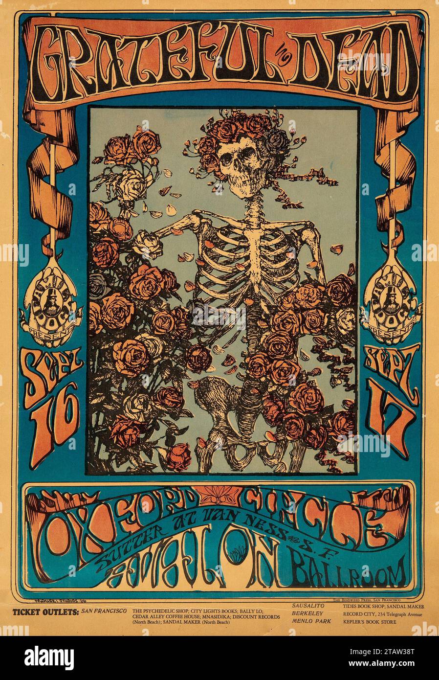 Grateful Dead 'Skeleton & Roses' Avalon Ballroom, San Francisco. Altes Konzertposter (dies ist die erste Version) Stockfoto