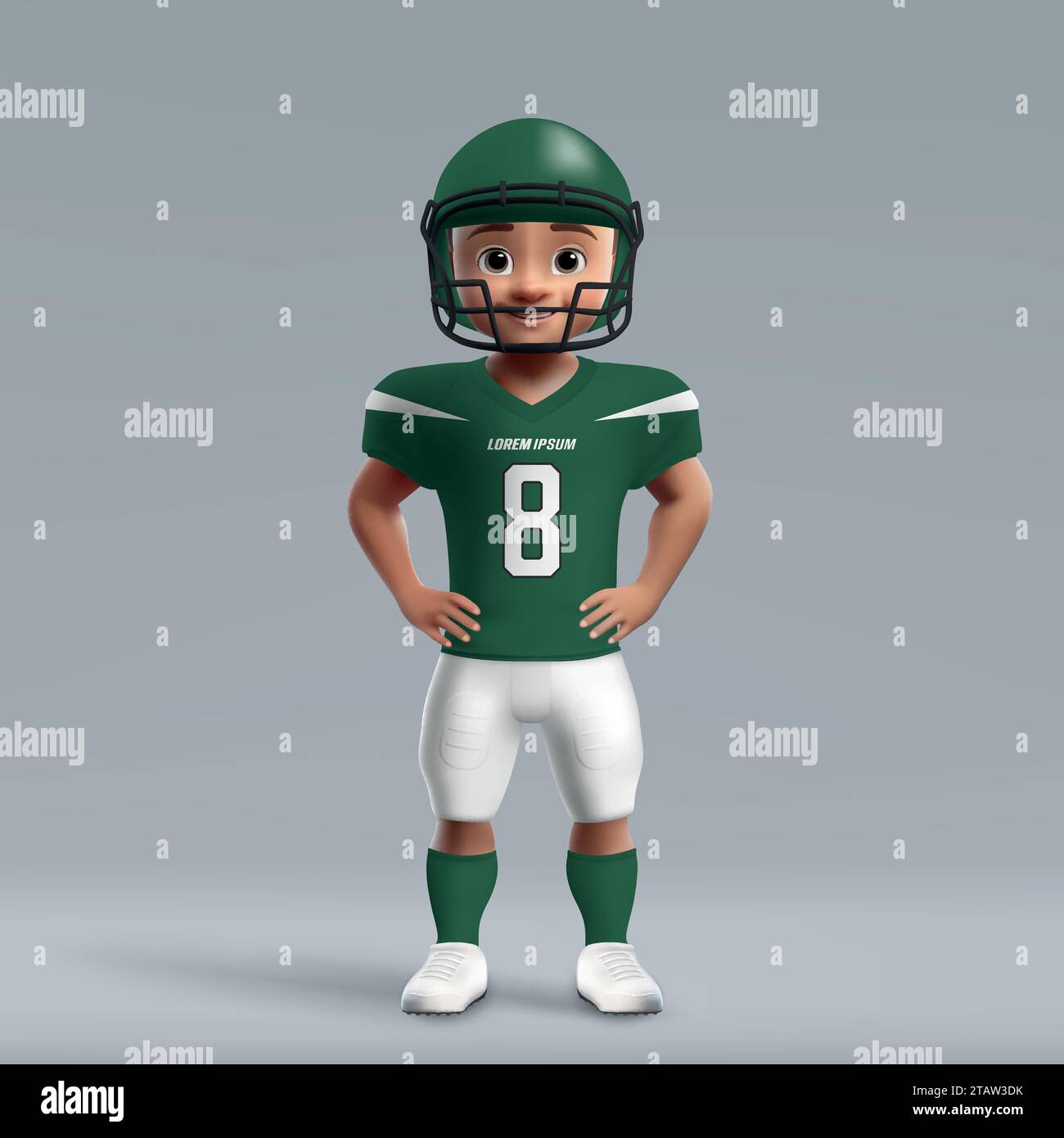 3D-Zeichentrickfilm süßer junger american-Football-Spieler in New York Jets Uniform. Fußballtrikot Stock Vektor