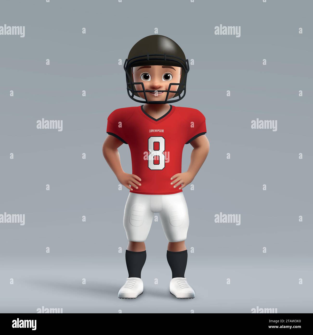 3D-Zeichentrickfilm süßer junger amerikanischer Fußballspieler in Tampa Bay Buccaneers Uniform. Fußballtrikot Stock Vektor