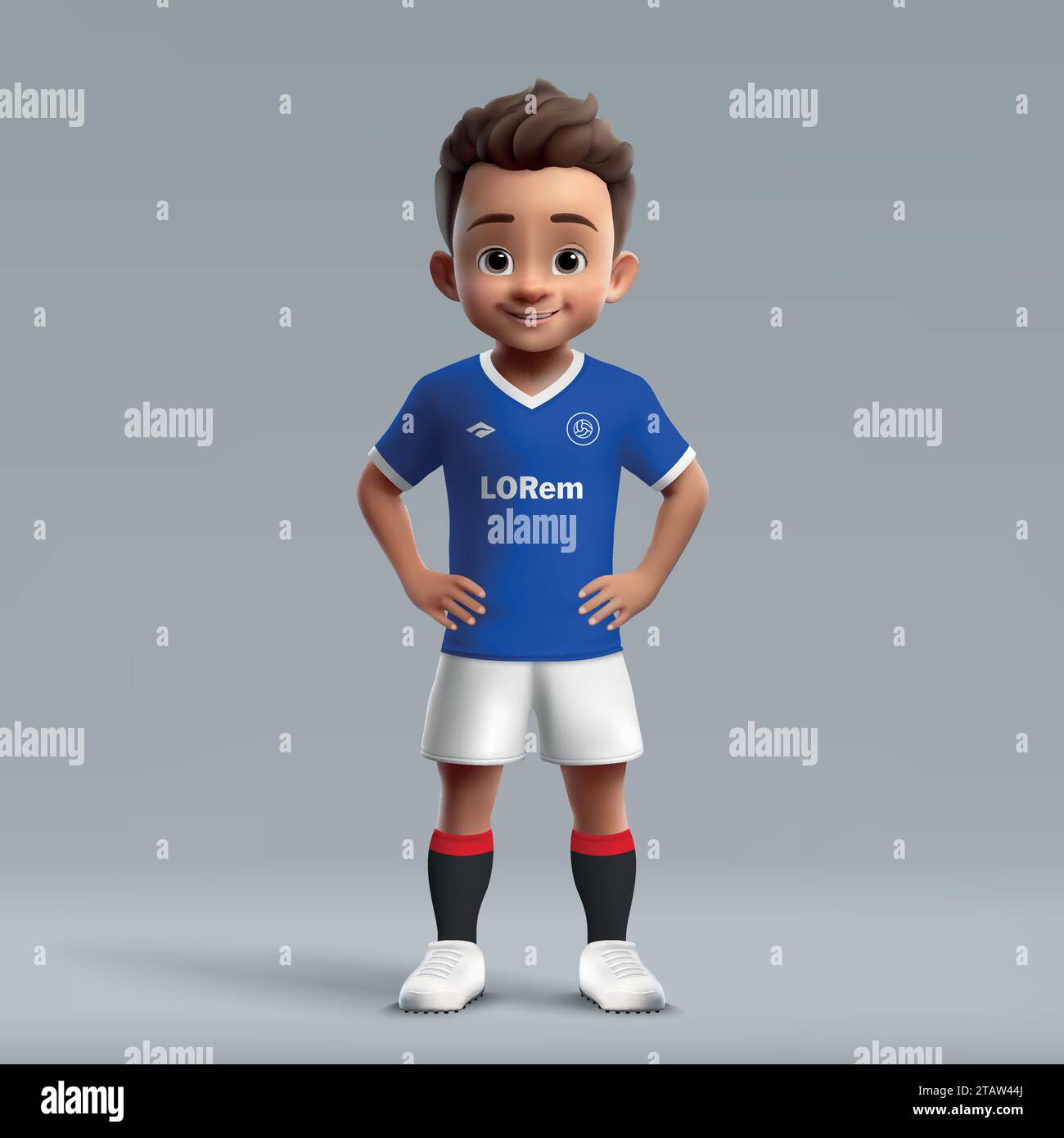 3D-Zeichentrickfilm süßer junger Fußballspieler in Rangers-Fußballuniform. Fußballtrikot Stock Vektor