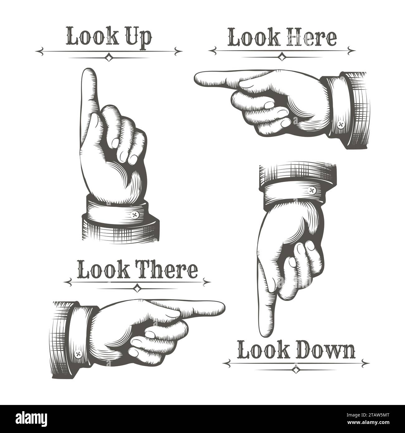 Pointing Fingers Vintage-Kollektion. Männliche Hände, die auf andere Richtungen zeigen, werden isoliert auf weißer Vektorillustration festgelegt Stock Vektor