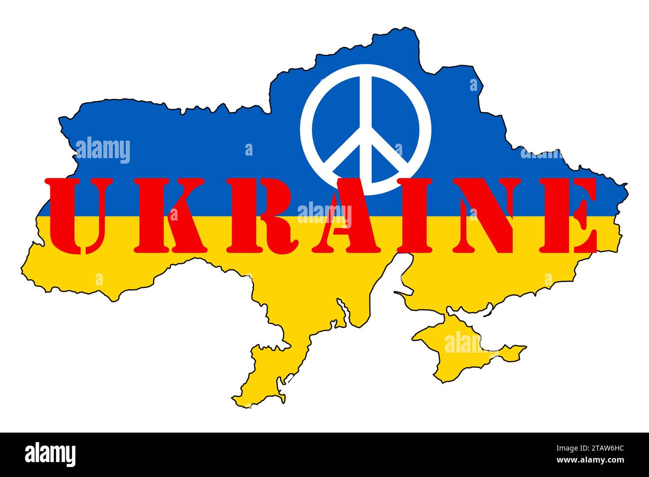 Ukraine mit der Form, den Farben und dem Namen der Nation, bebilderte Grafiken für das Logo mit dem Friedenssymbol. Stockfoto