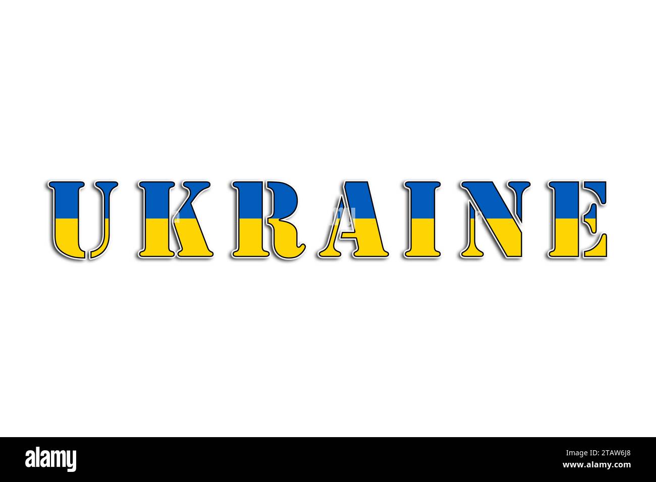 Ukraine, der Name des Landes und die Farben der Flagge, illustrierte Grafiken des Logos und Herz für das ukrainische Volk Stockfoto