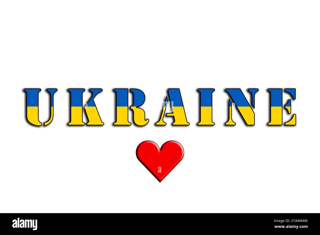 Ukraine, der Name des Landes und die Farben der Flagge, illustrierte Grafiken des Logos und Herz für das ukrainische Volk Stockfoto