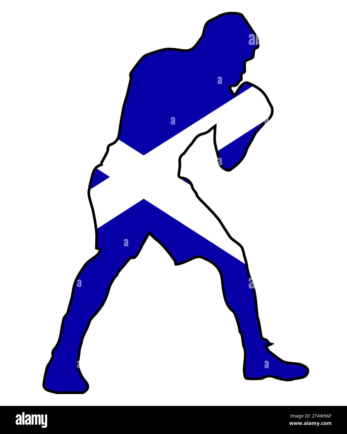 Silhouette eines schweren Boxers in Umriss über der Nationalflagge Schottlands Stockfoto