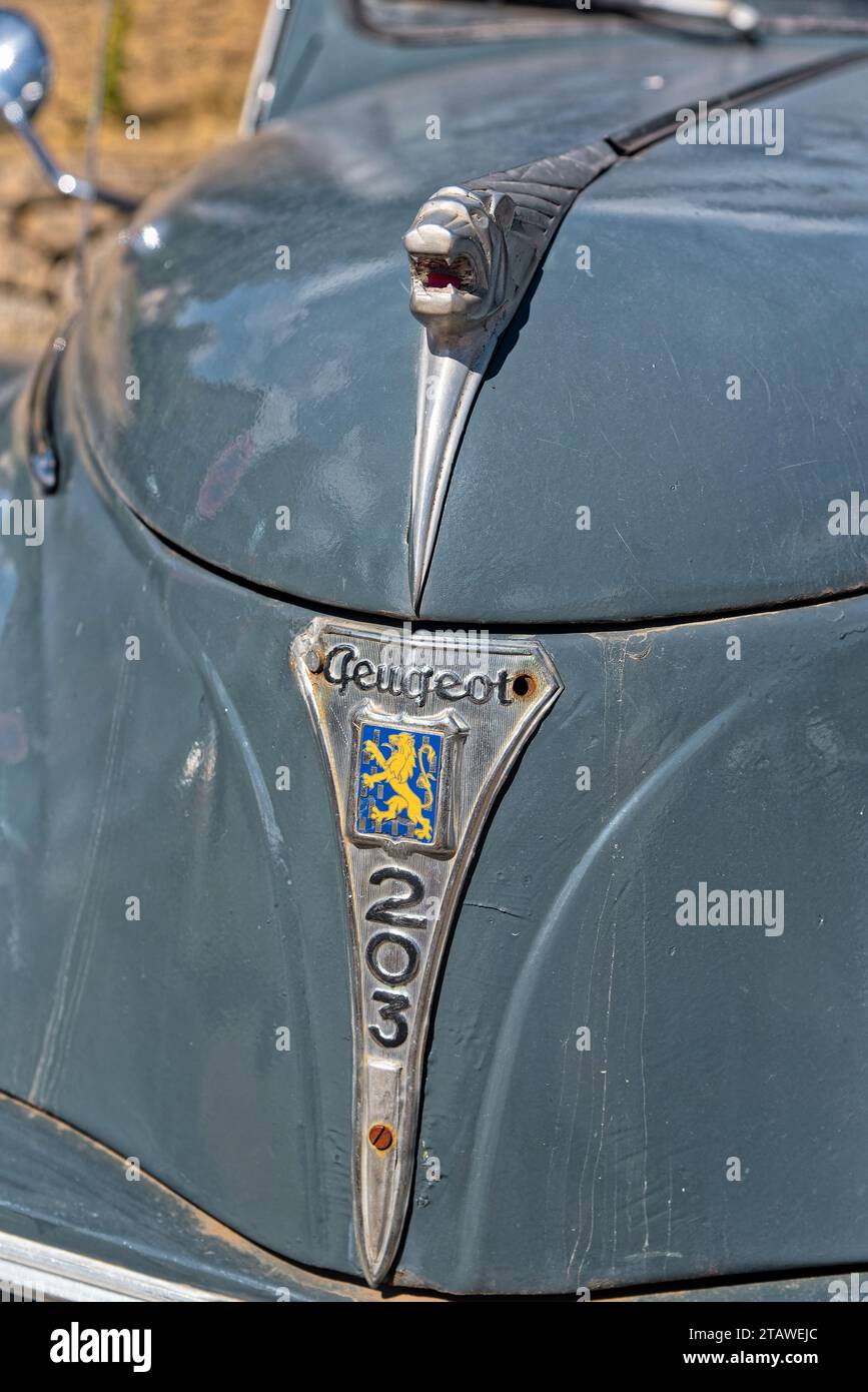 Capot avant et emblème du Lion de la 203 peugeo – Kapuze und Löwenemblem für den peugeot von 203 Stockfoto