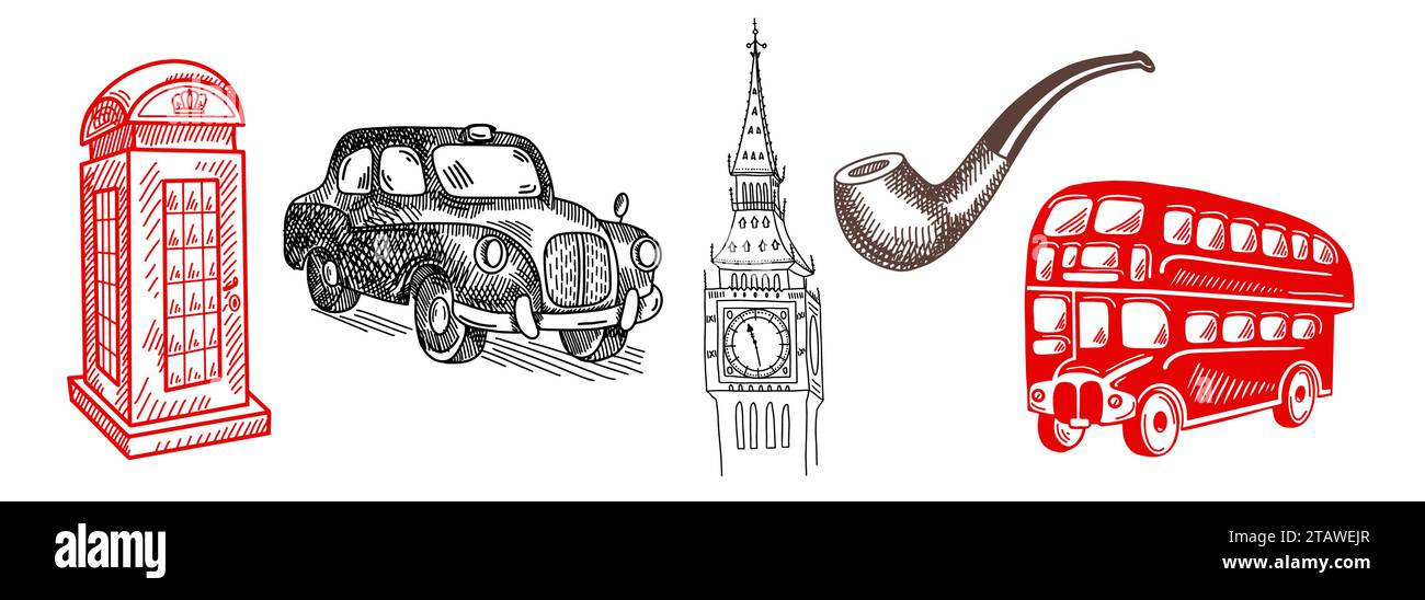 Eine Reihe großartiger Londoner Symbole - Big Ben, Telefon, Doppeldeckerbus, Taxi schwarz Stock Vektor