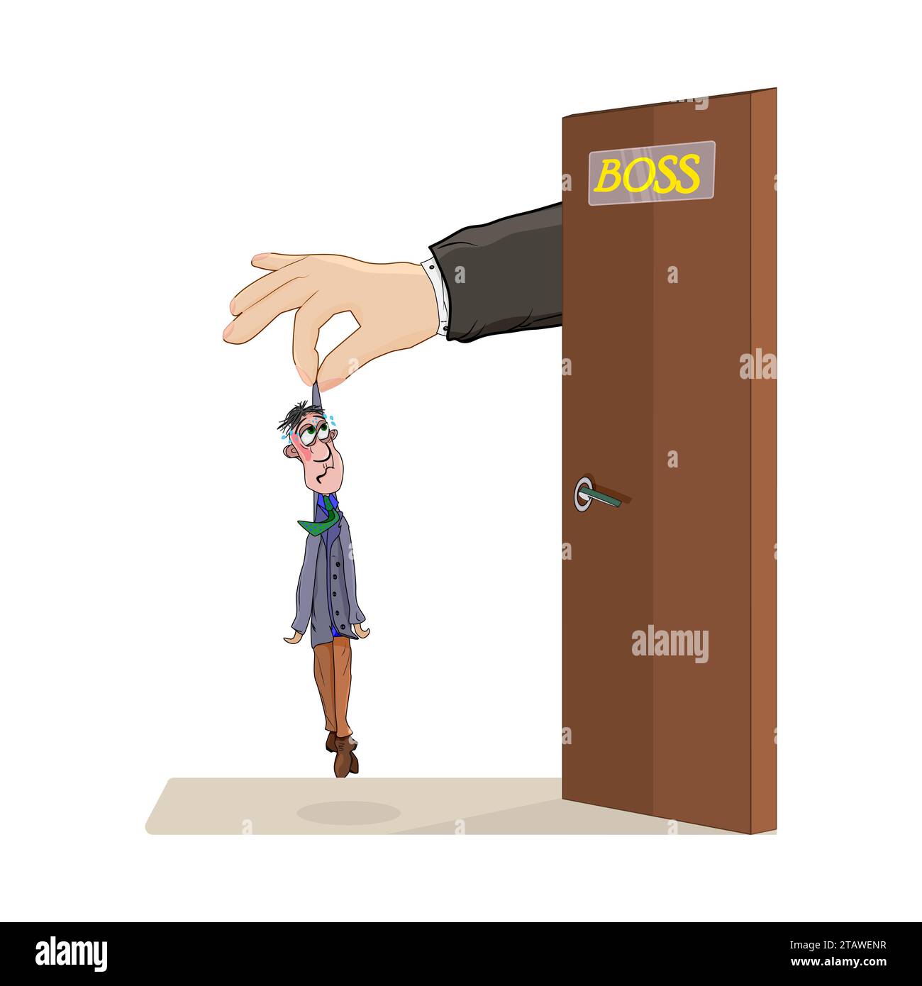 Chef mit Mitarbeiter. Firmenchef hat Mitarbeiter entlassen. Große Hand, die einen kleinen Mann hält. Konflikte am Arbeitsplatz. Unglücklicher Mann entlassen oder entlassen. Redundante Belegung Stock Vektor