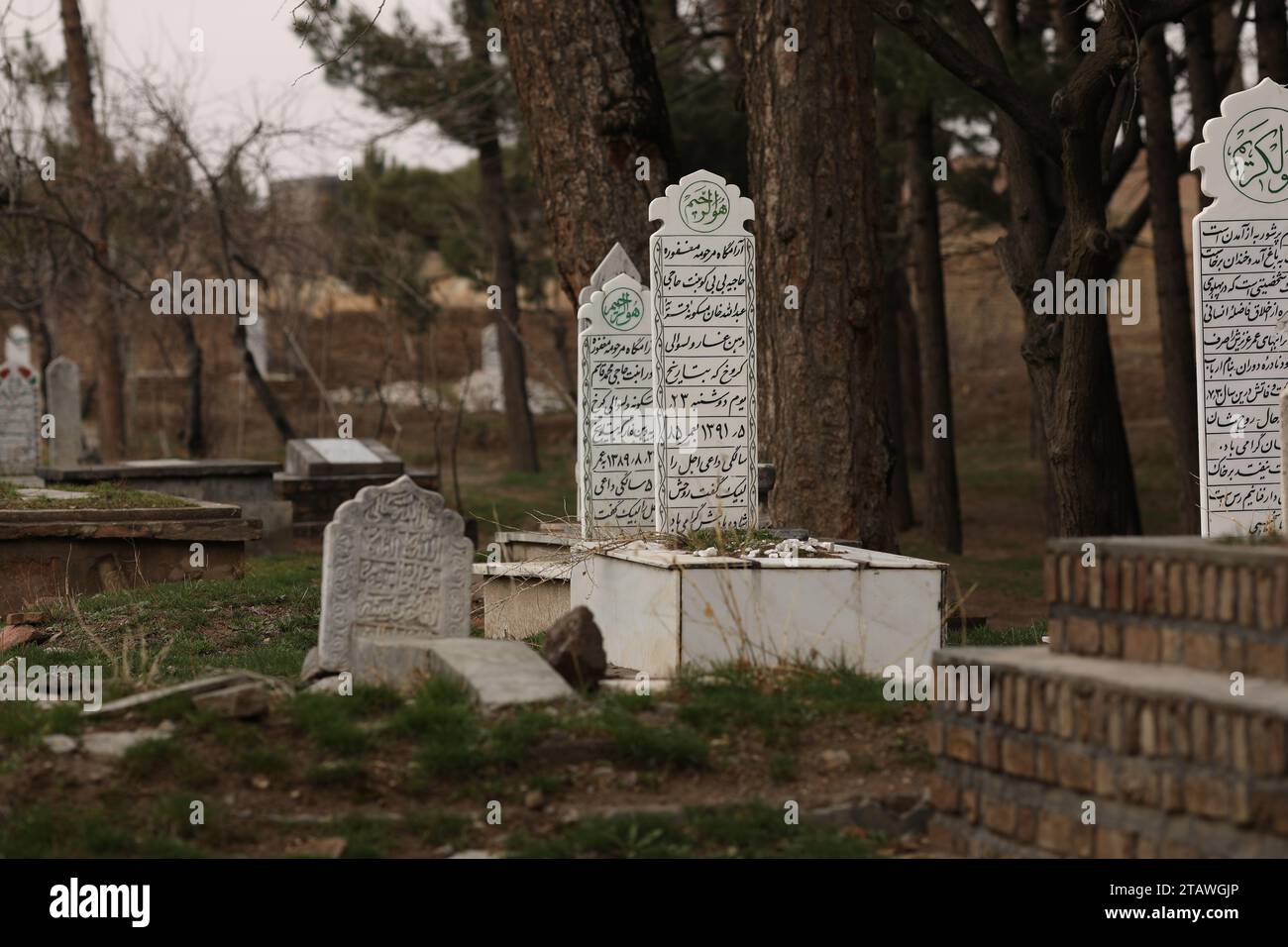 Friedhof in grüner Umgebung, mit einem arabischen Satz auf dem Grab | Foto eines islamischen Grabes. Stockfoto