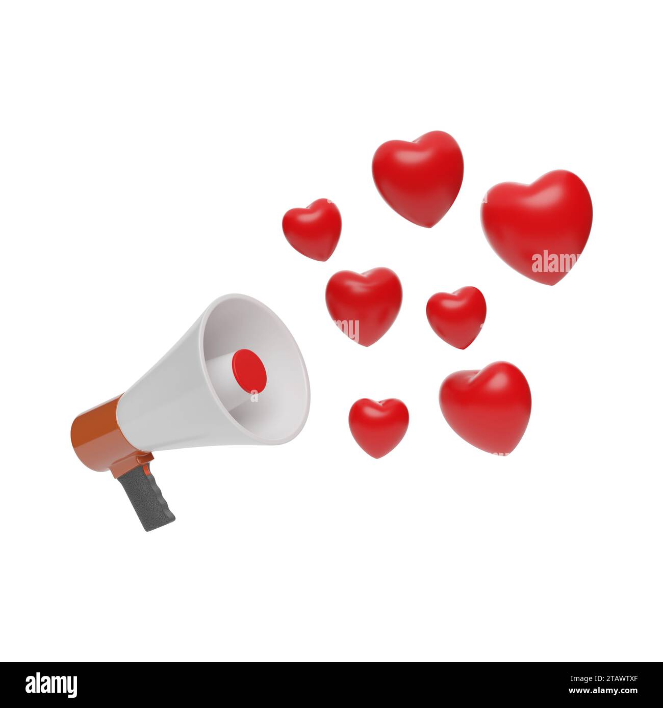 Megaphon mit roten Herzen isoliert auf weißem Hintergrund. 3D-Abbildung. Stockfoto