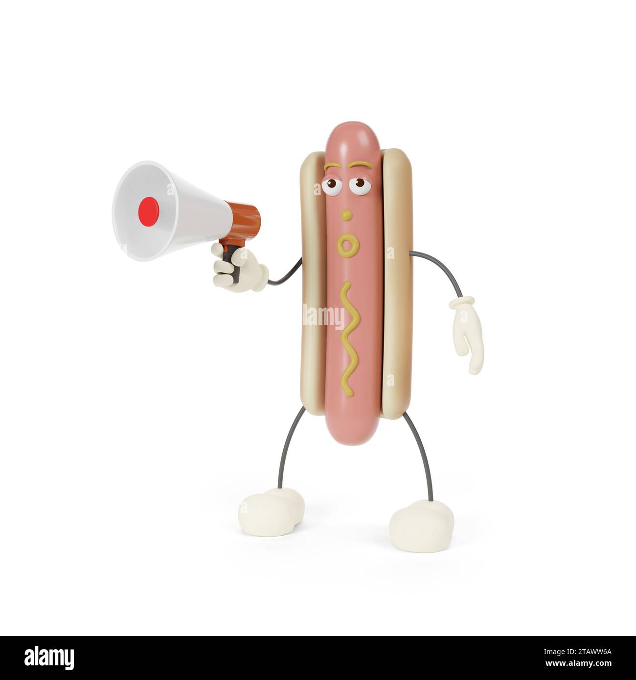 Lustige Zeichentrick-Hotdog-Figur mit einem Megaphon in der Hand. 3D-Abbildung. Stockfoto