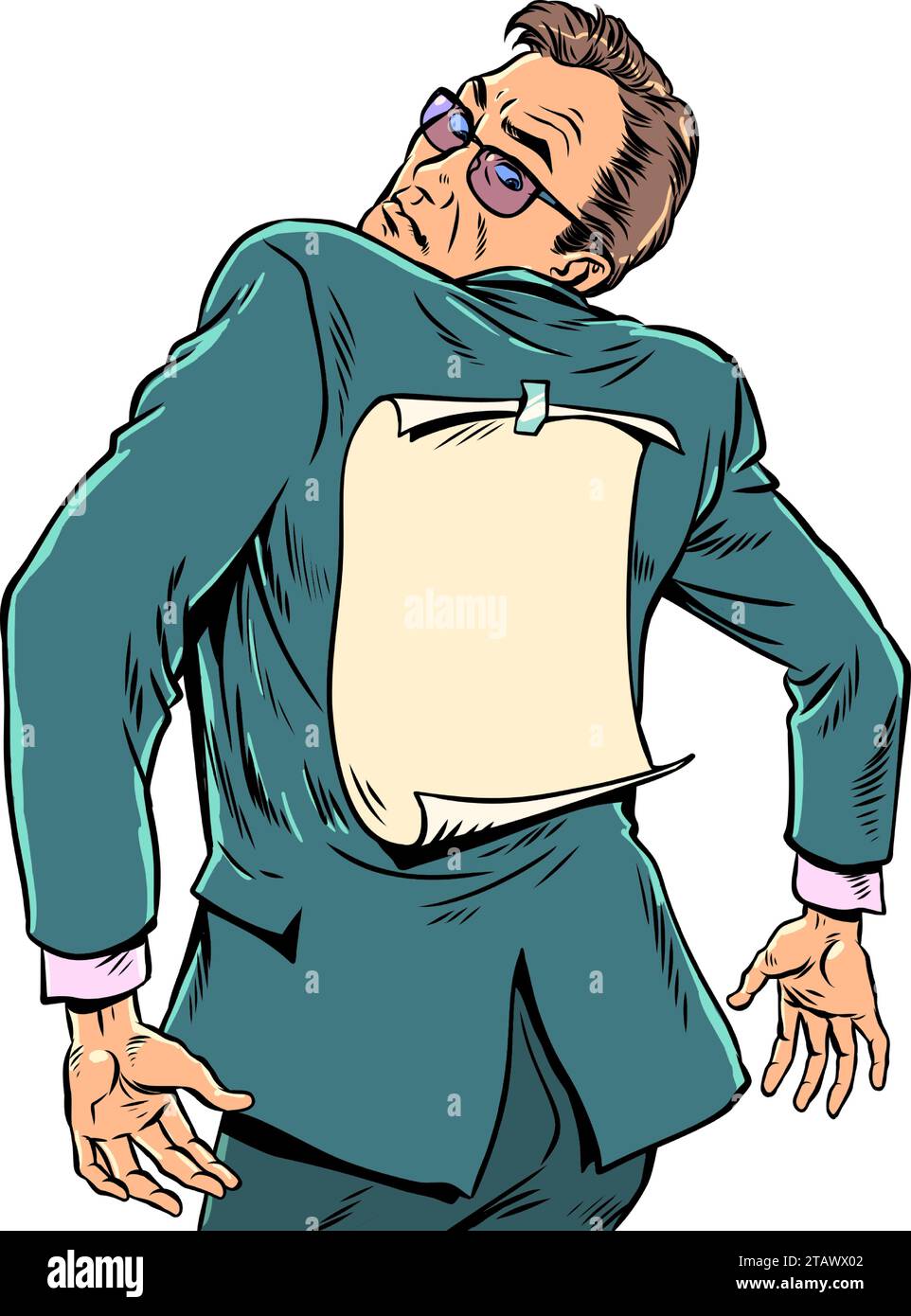 Ein von der Gesellschaft stigmatisierter Mitarbeiter. Ein Mann im Anzug schaut auf den Rücken, wo das Papier befestigt ist. Einander beschriften. Pop Art Retro Vektor Il Stock Vektor