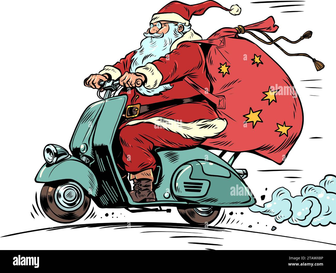 Weihnachten rückt auf zwei Rädern näher. Der Weihnachtsmann reitet mit einer Tüte Geschenke auf einem Moped. Anstehende Feiertage und saisonale Verkäufe. Pop Art R Stock Vektor