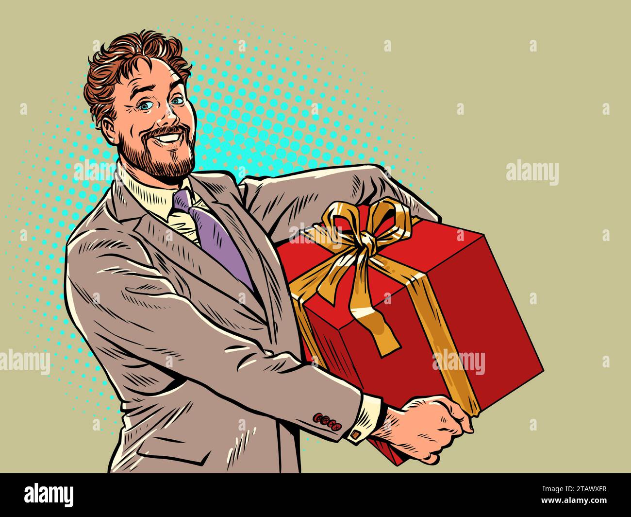 Lieferung von Geschenken aus aller Welt von einem vertrauenswürdigen Unternehmen. Ein Mann im Anzug hält ein großes rotes Geschenk. Weihnachtsfeiertage und Vorbereitung auf sie. Pop-Ar Stock Vektor