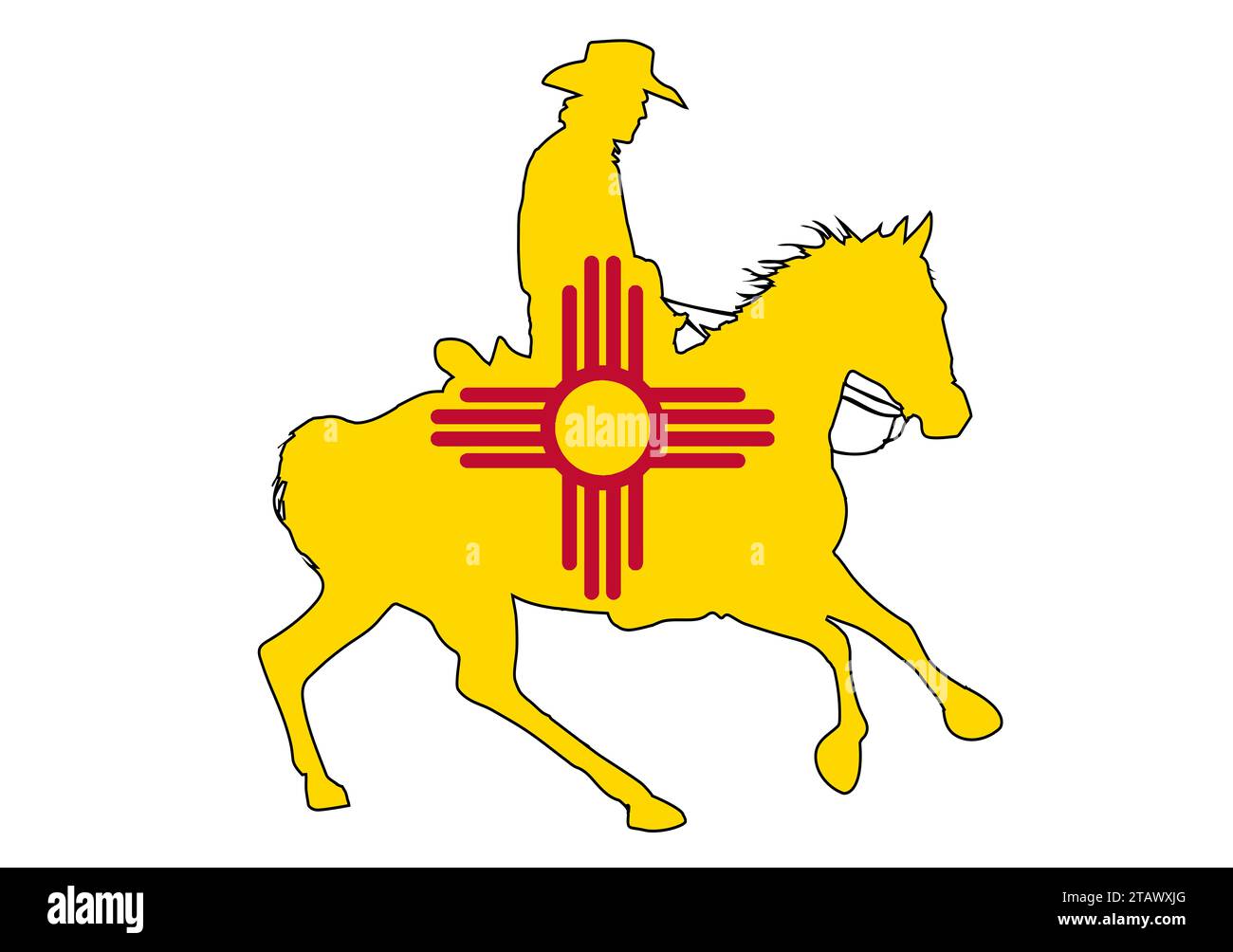 Eine Silhouette eines New Mexico Cowboys auf einem Pferd mit eingefasster Staatsflagge Stockfoto