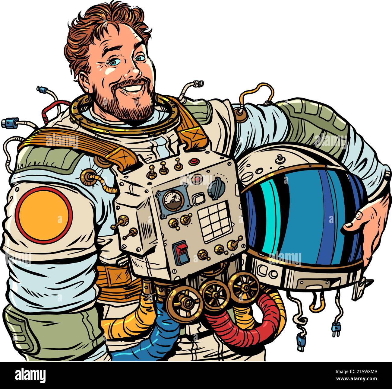 Die nahende Zukunft und die menschliche Erforschung des Weltraums. Der Astronaut nahm seinen Helm ab. Einzigartige Angebote am Cosmonautics Day. Pop Art Retro Stock Vektor