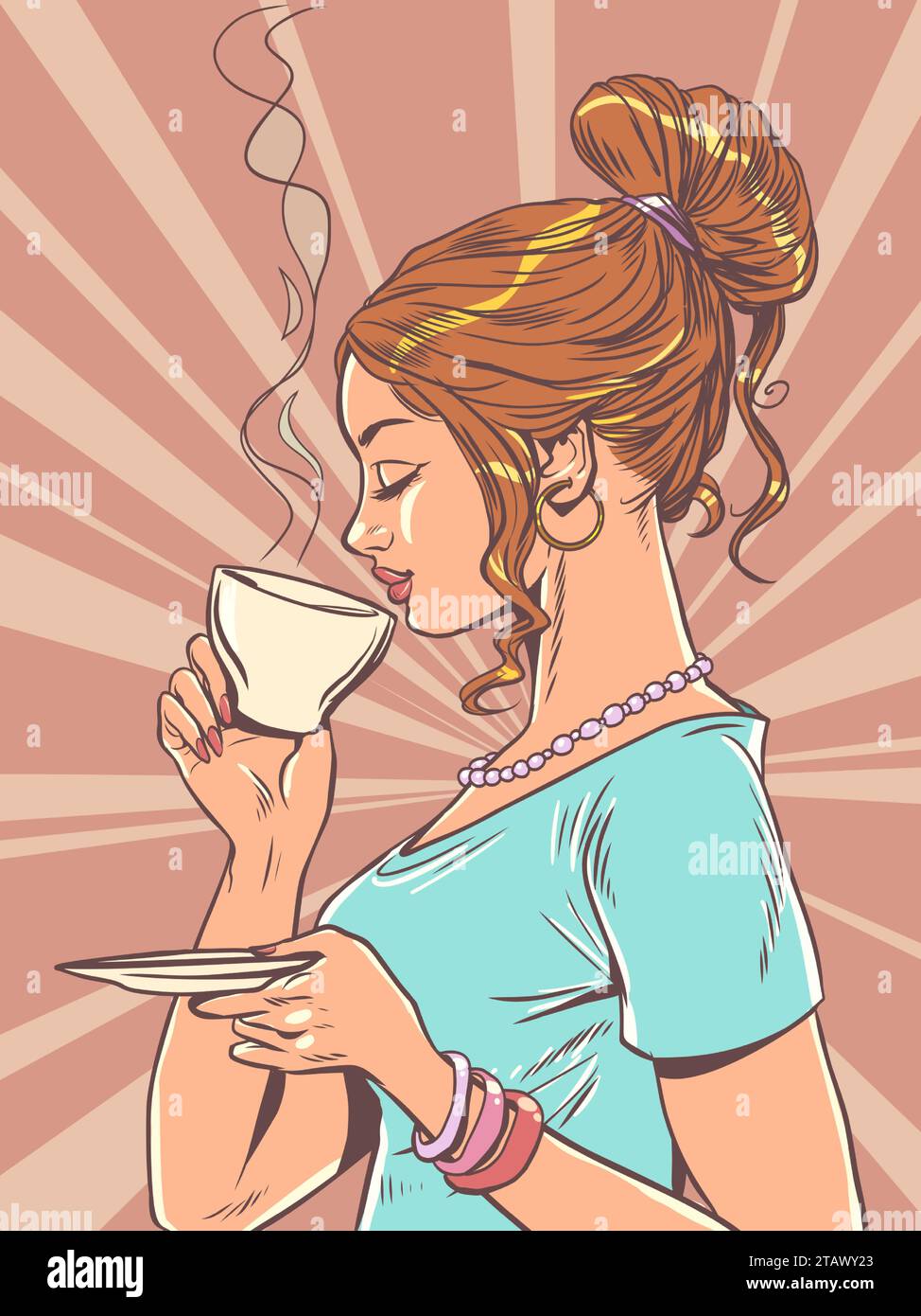 Werbung für ein neues Getränk in einem Café oder Restaurant. Das Mädchen trinkt eine Tasse heißes Getränk. Banner für Kaffee- und Teeläden. Pop Art Retro Vektor Illu Stock Vektor