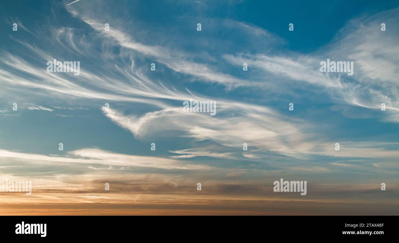 Cirrus Uncinus Mares Tail Cloud Formation in großer Höhe bei Sonnenuntergang über dem Solent UK Stockfoto