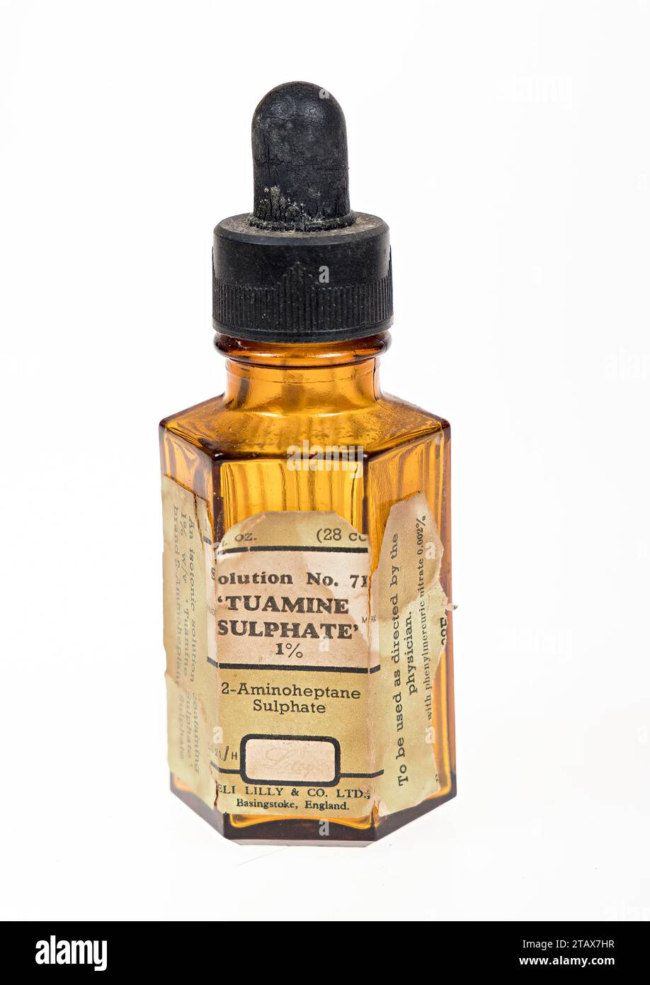 Antike Tropfflasche für Tuaminsulfat 1%, ein Medikament, das in Großbritannien als 2-Aminoheptansulfat ausgegeben wird Stockfoto