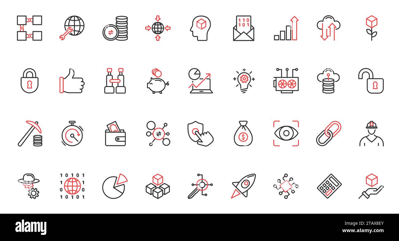 Bitcoin, Blockchain rote schwarze dünne Linien-Symbole gesetzt, Kryptogeld in Brieftasche und Mining. Stock Vektor