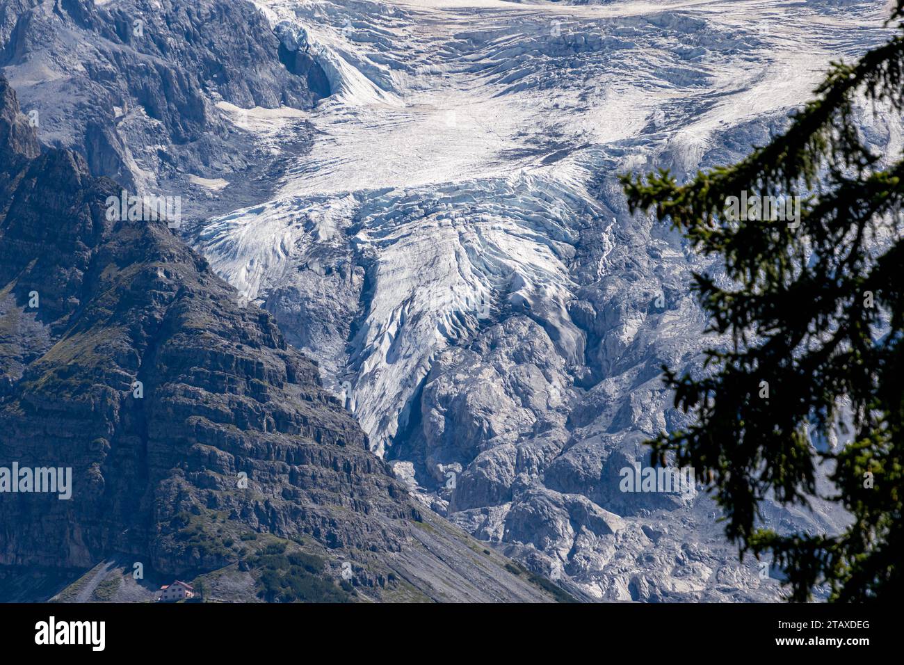 gletscher der Gran Zebru Königsspitze, Sulden Südtirol, Italien schmilzt aufgrund der globalen Erwärmung Stockfoto