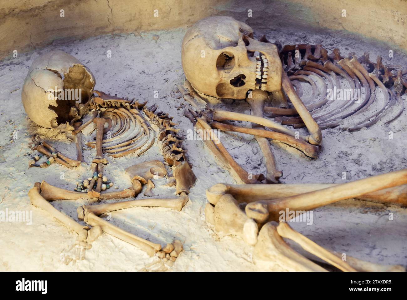 Ankara, Türkei. Menschliche Überreste eines Erwachsenen und eines Kindes im Museum der Anatolischen Zivilisationen. Stockfoto