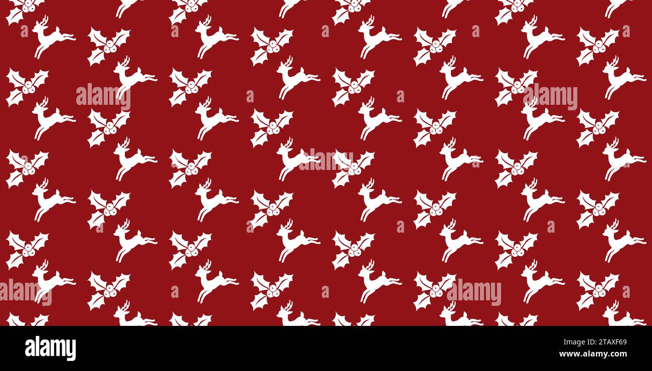 Roter Hintergrund mit weißen Weihnachts- und Neujahrssymbolen. Nahtloses Weihnachts- und Neujahrsmuster mit Rentieren und stechpalmenbeeren. Für Tapeten, Stoff, Stock Vektor