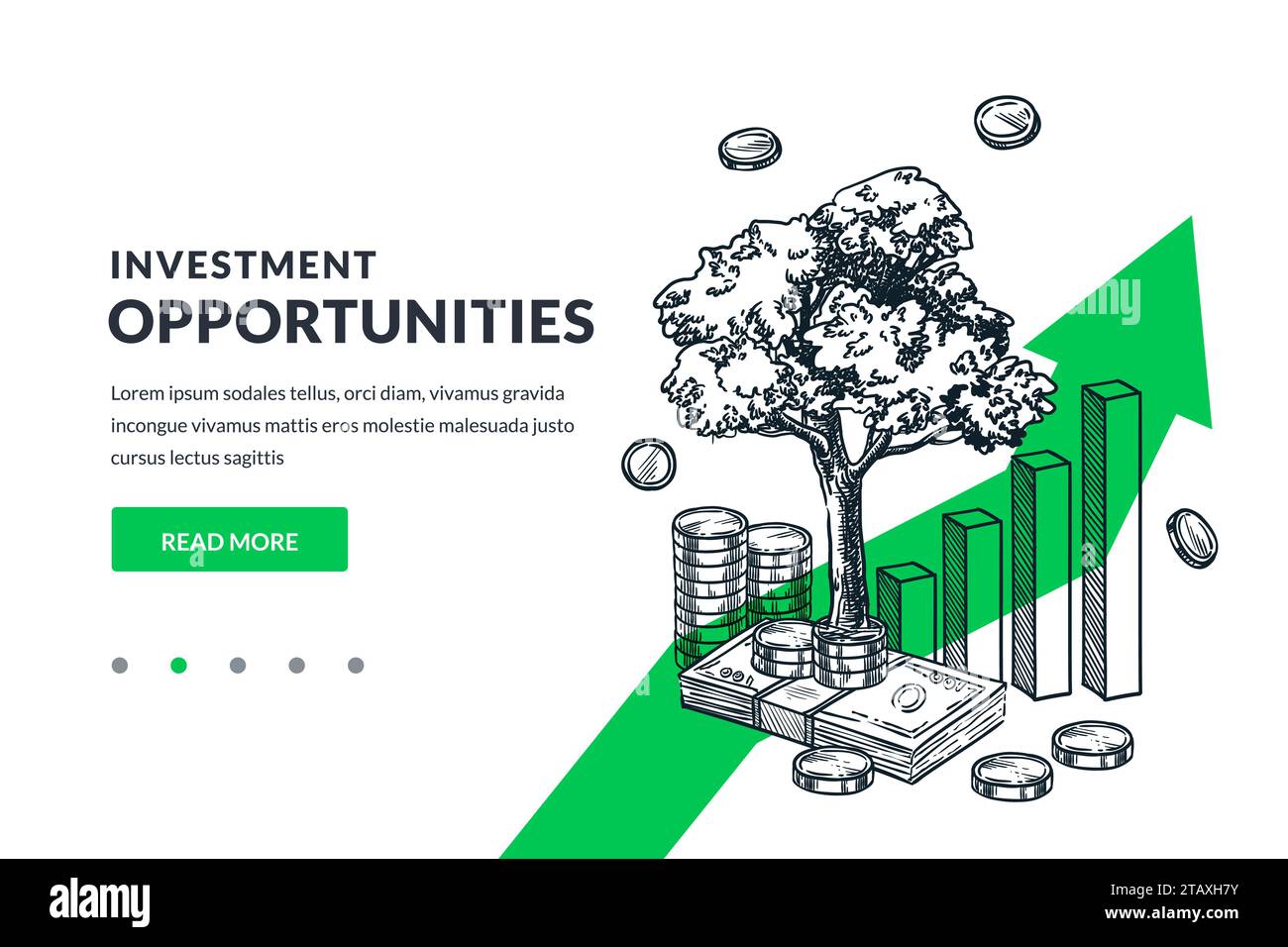 Geschäftskonzept für Investitionen, Kosteneinsparungen und Finanzwachstum. Wachsender Baum auf Münzen auf grünem Pfeil Hintergrund. Abbildung einer handgezeichneten Vektorskizze. Stock Vektor