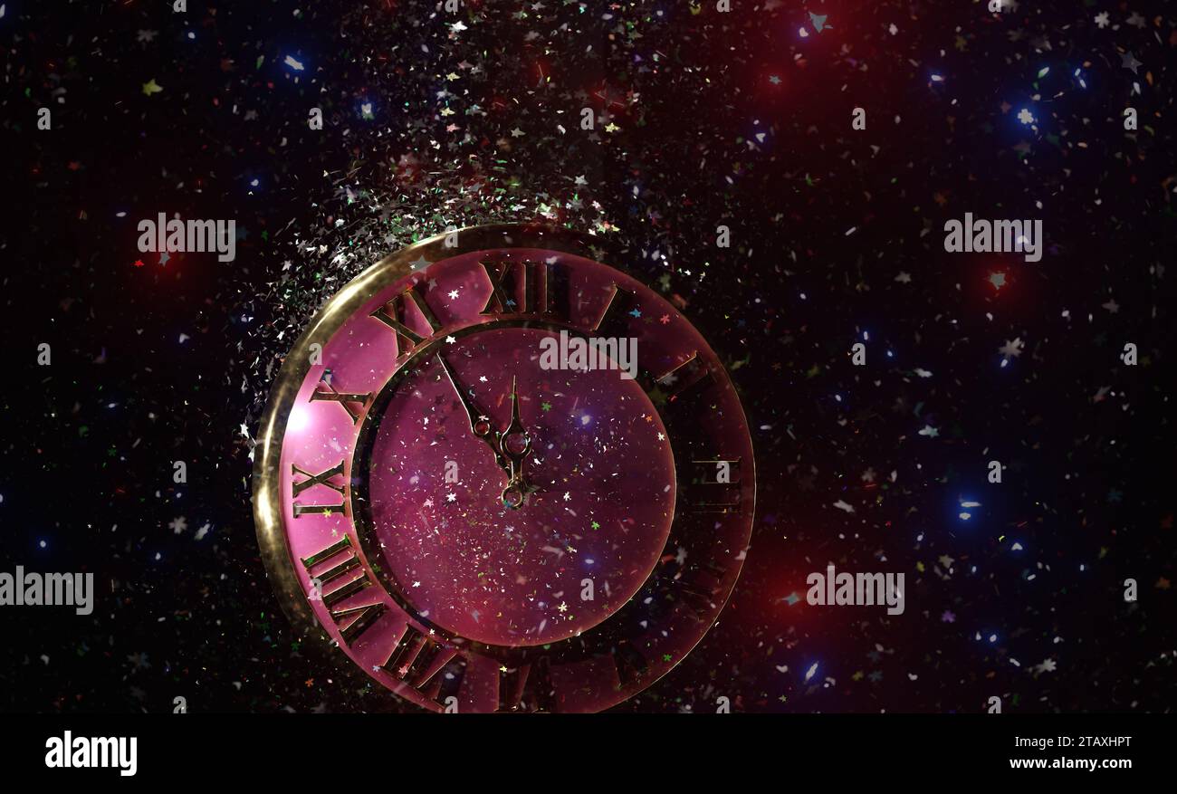 Abstrakte surreale Uhr auf Glitzerhintergrund. Hintergrund zum Neujahr. Stockfoto