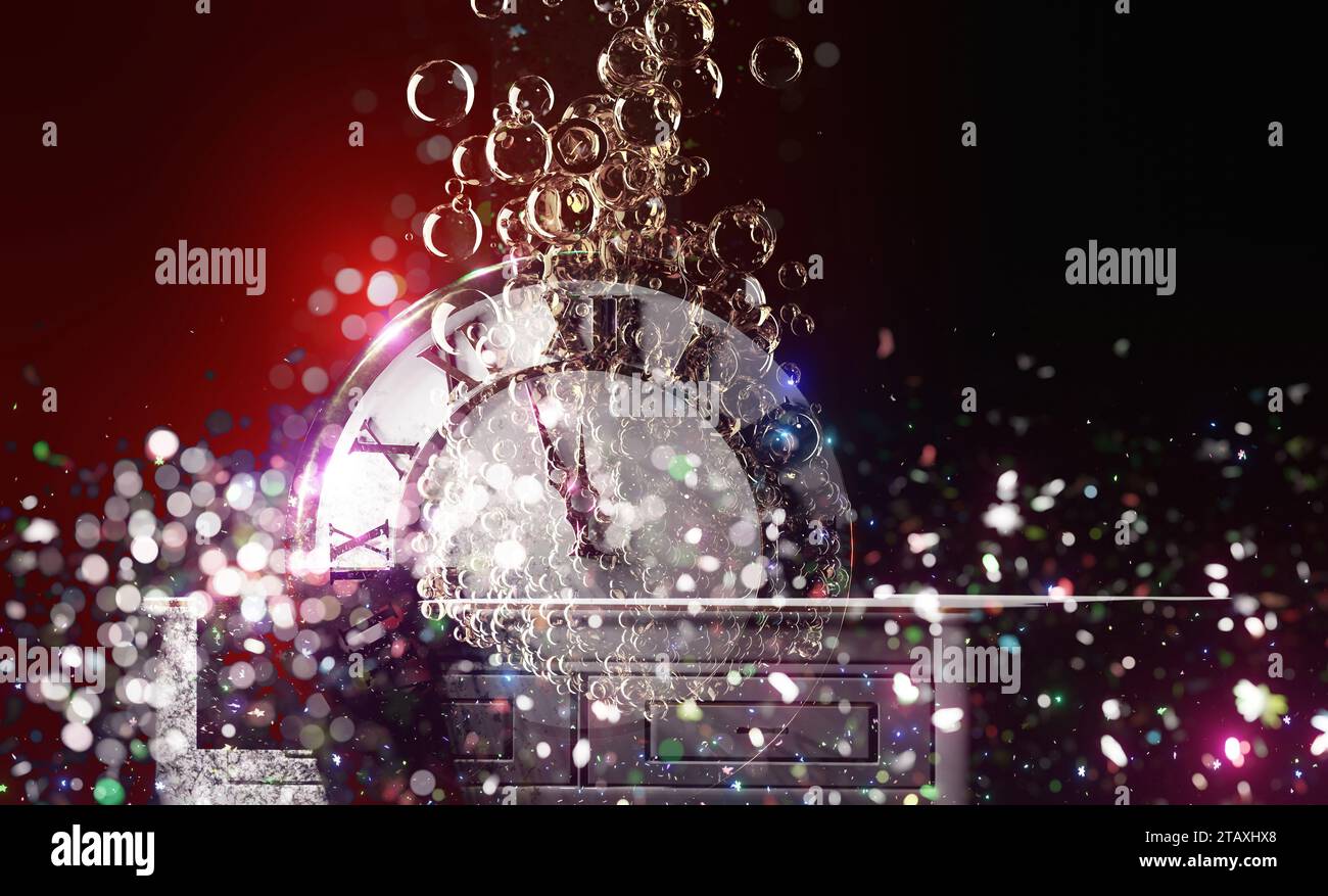 Abstrakte surreale Uhr auf Glitzerhintergrund. Hintergrund zum Neujahr. Stockfoto